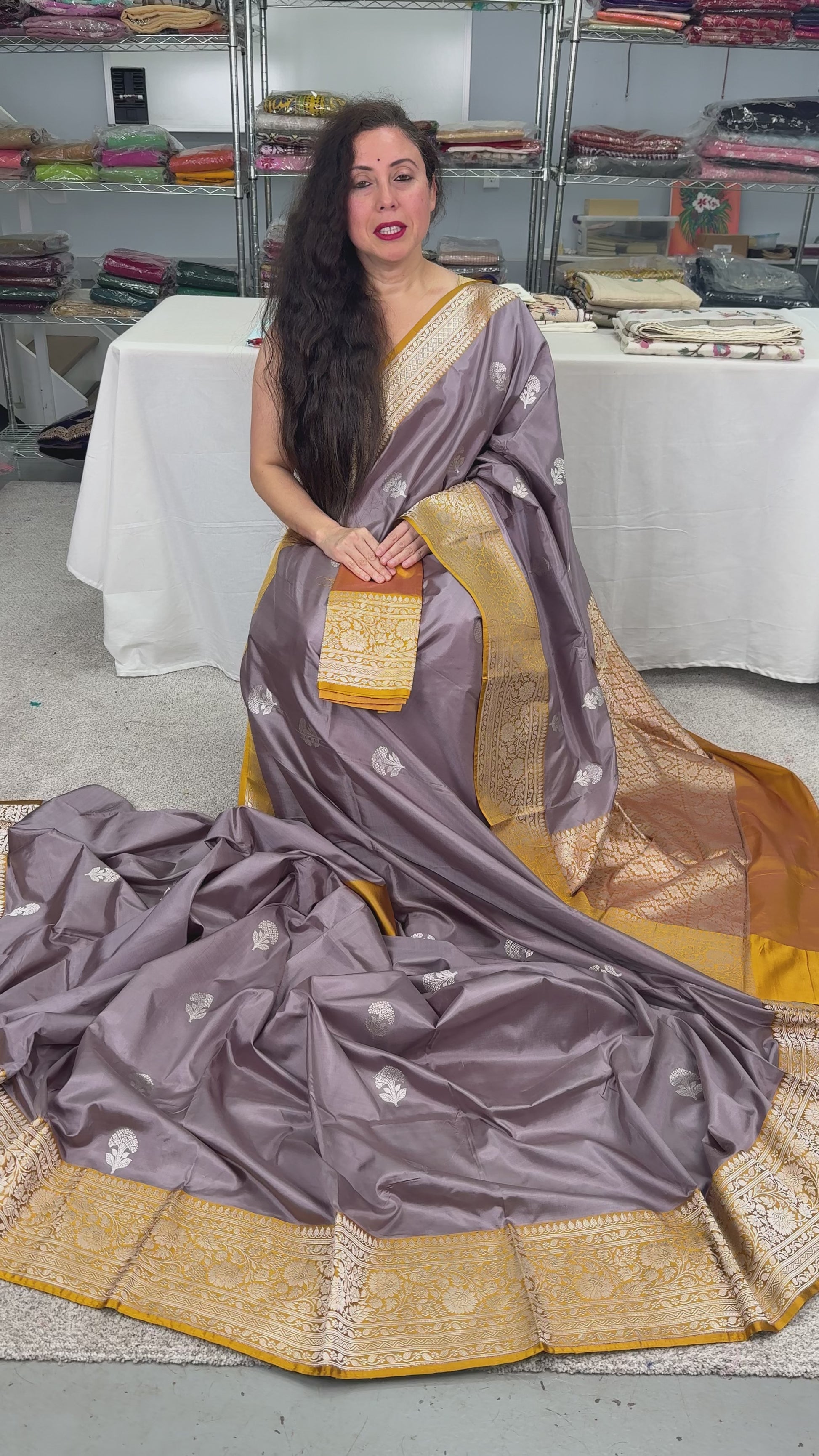 Video of Basuri : Certified Silk Banarasi Saree in English Gray Brown with Silver Zari