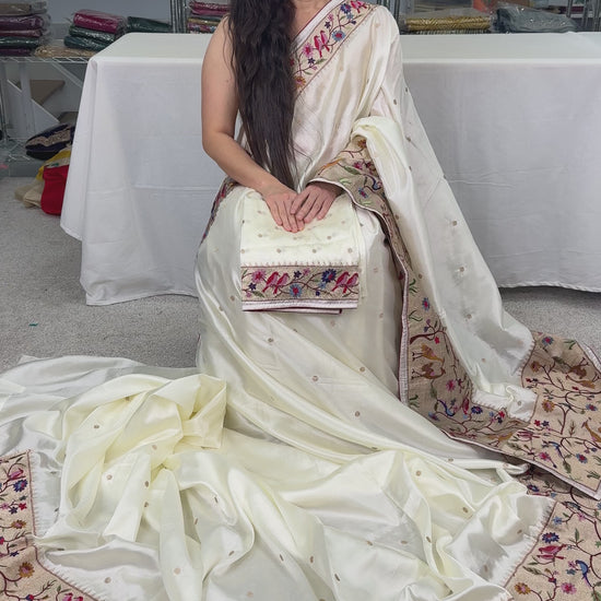 Video of Sandhi : Semi Tussar Silk Embroidered Designer Saree in Off White and Gold