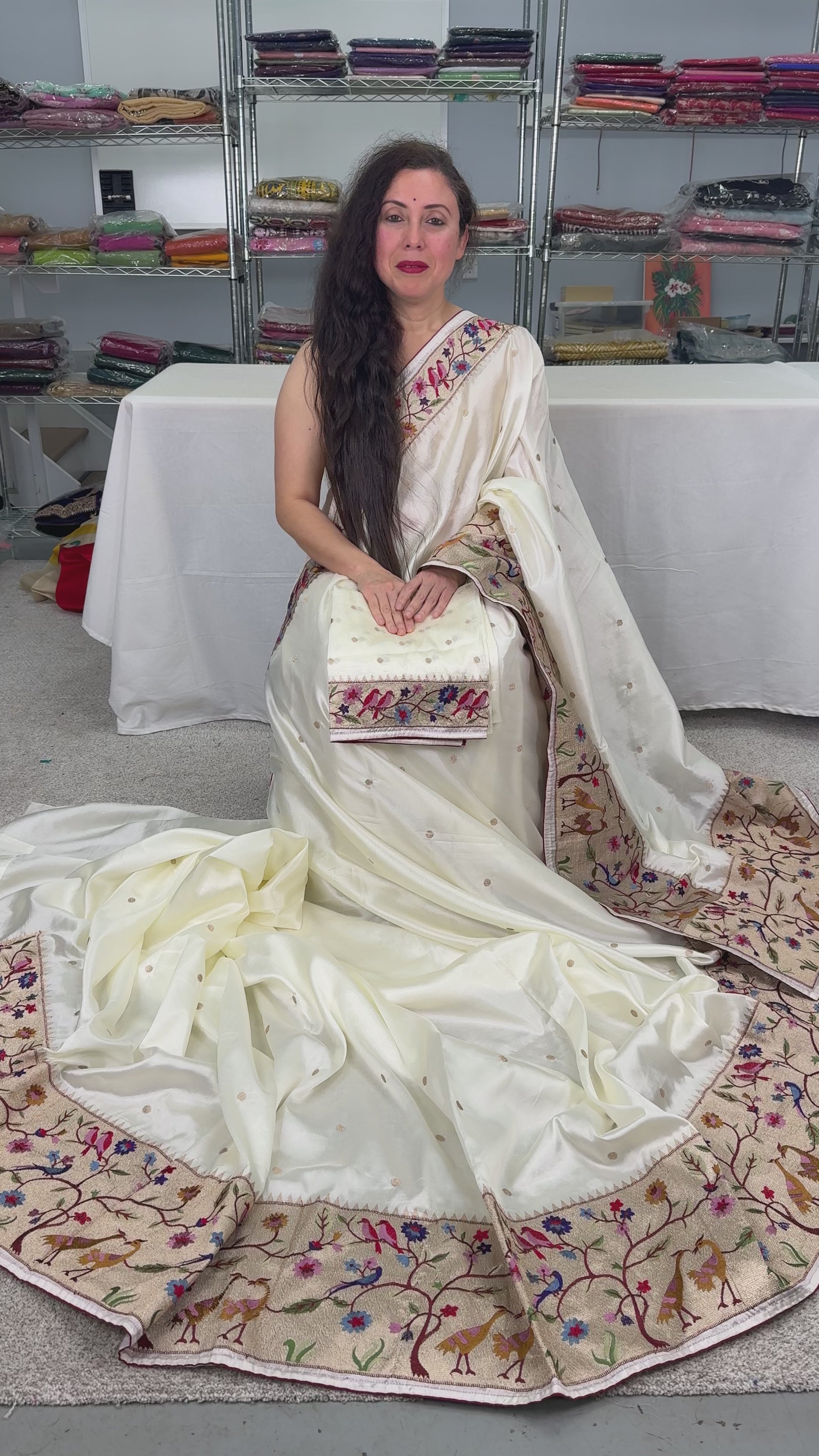 Video of Sandhi : Semi Tussar Silk Embroidered Designer Saree in Off White and Gold