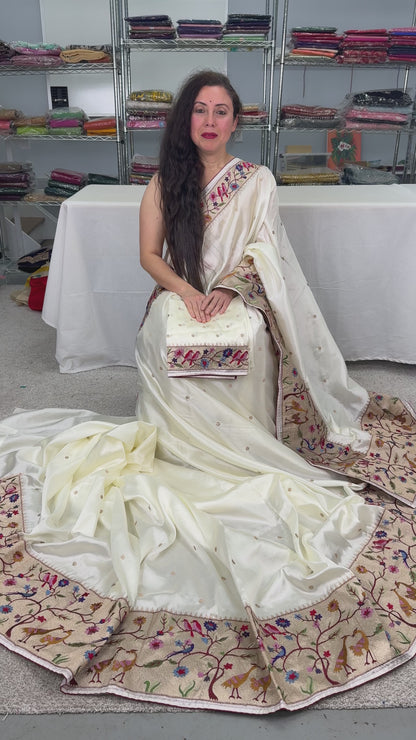 Video of Sandhi : Semi Tussar Silk Embroidered Designer Saree in Off White and Gold