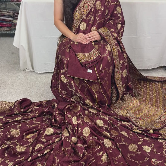 Video of Coffee Brown Dola Silk Banarasi Saree with 38 Size Blouse.