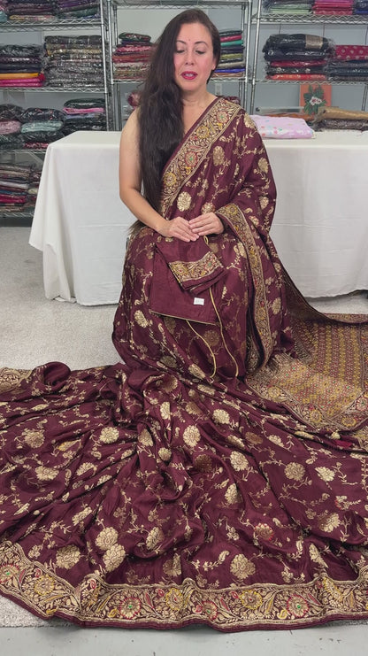 Video of Coffee Brown Dola Silk Banarasi Saree with 38 Size Blouse.
