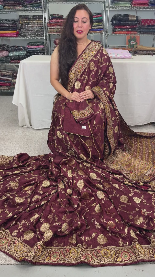 Video of Coffee Brown Dola Silk Banarasi Saree with 38 Size Blouse.