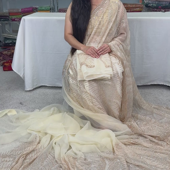 Video of Cream and Gold Soft Organza Saree | Summer Wedding & Cocktail Partywear.