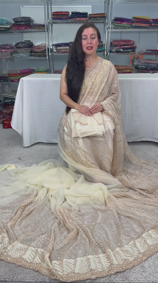Video of Cream and Gold Soft Organza Saree | Summer Wedding & Cocktail Partywear.