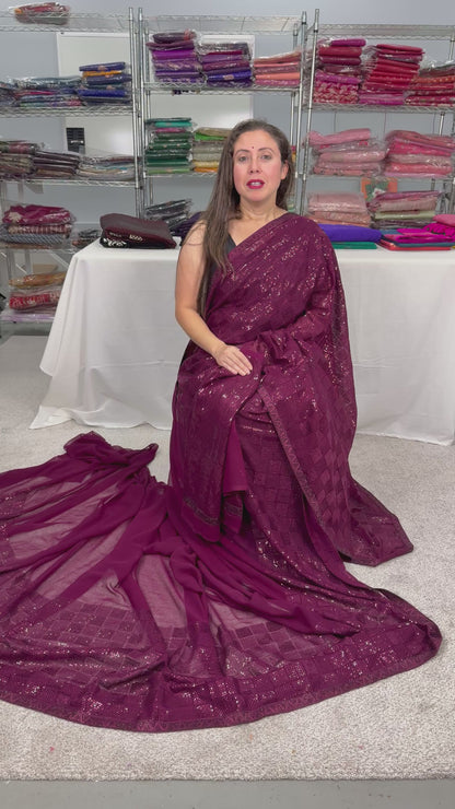 Partywear Sequin Georgette Saree in Burgundy