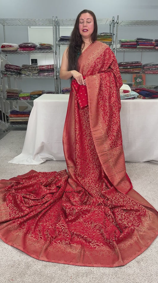 Pari : Red & Gold Jaal Banarasi Semi Georgette Saree