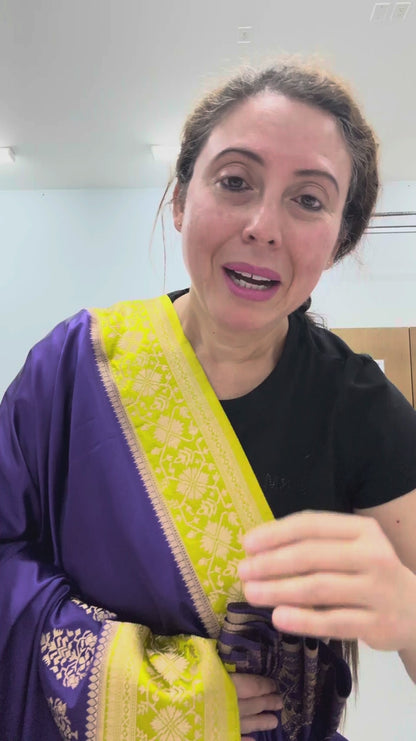 Video of Purple and Green Semi Mashru Valkalam Banarasi Saree.