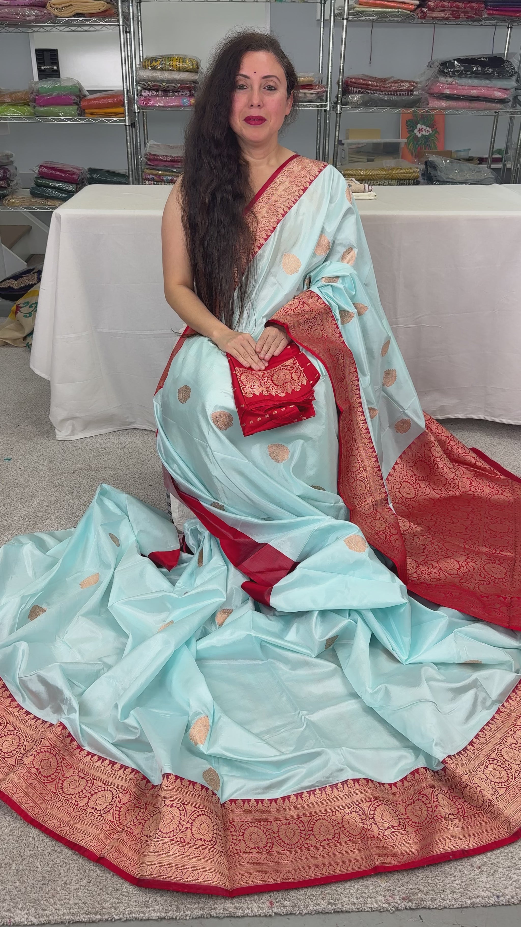 Video of Madhavi : Certified Katan Silk Banarasi Saree in Sky Blue and Red