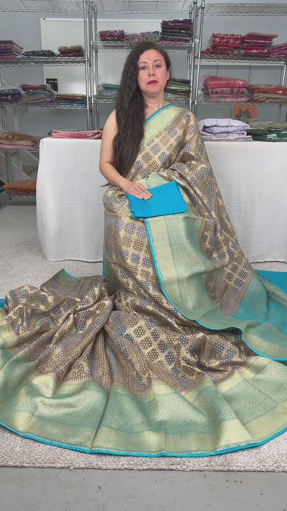 Video of Exclusive Kora Bandhani Banarasi Saree in Gray and Blue.