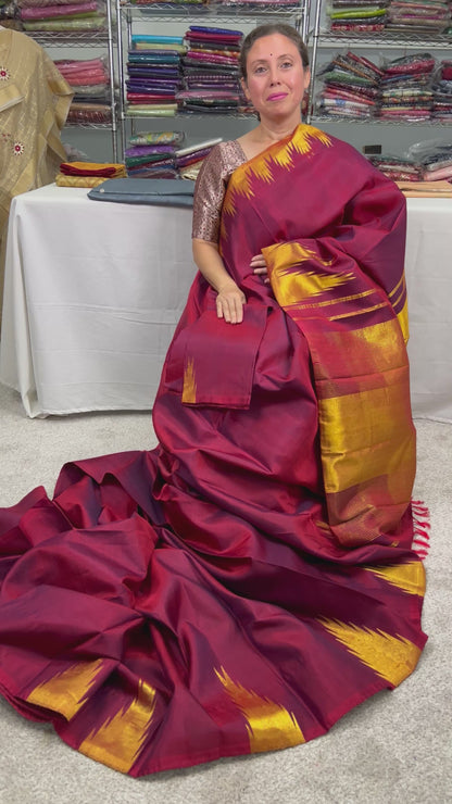 Temple Border Maroon Kanjivaram Silk Saree with Golden Zari