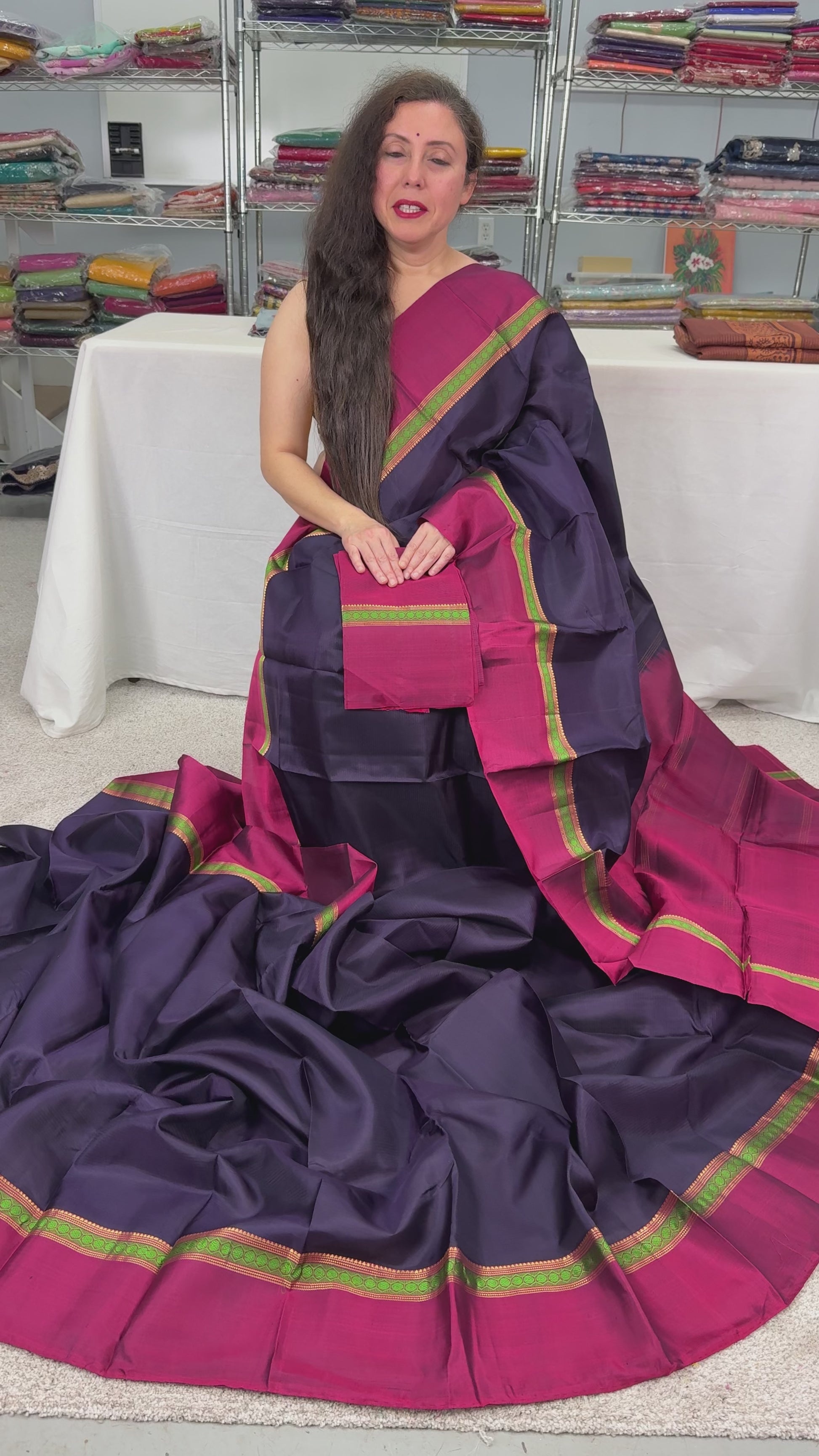 Video of Midnight Blue Pure Silk No Zari Kanjivaram Saree with Thread Work.