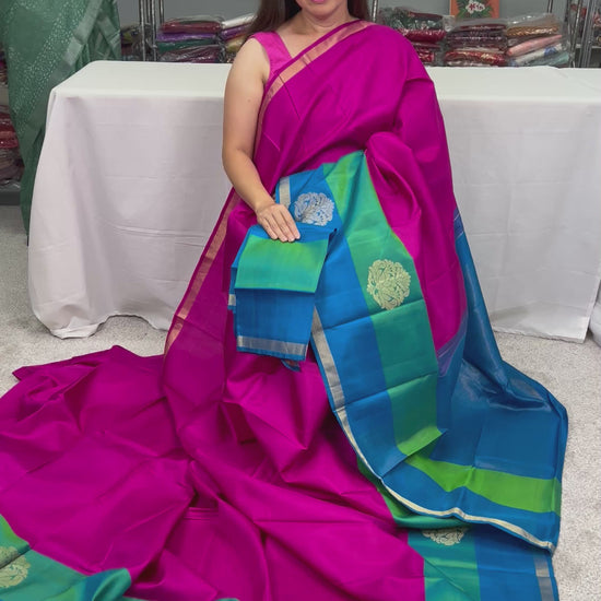 Video of Exclusive Kanchipuram Silk Saree in Magenta, Blue and Rama Green