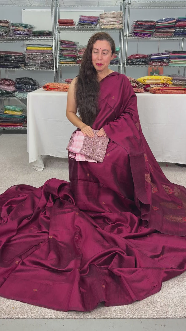 Video of Maroon Borderless Pure Raw Silk Banarasi Saree.