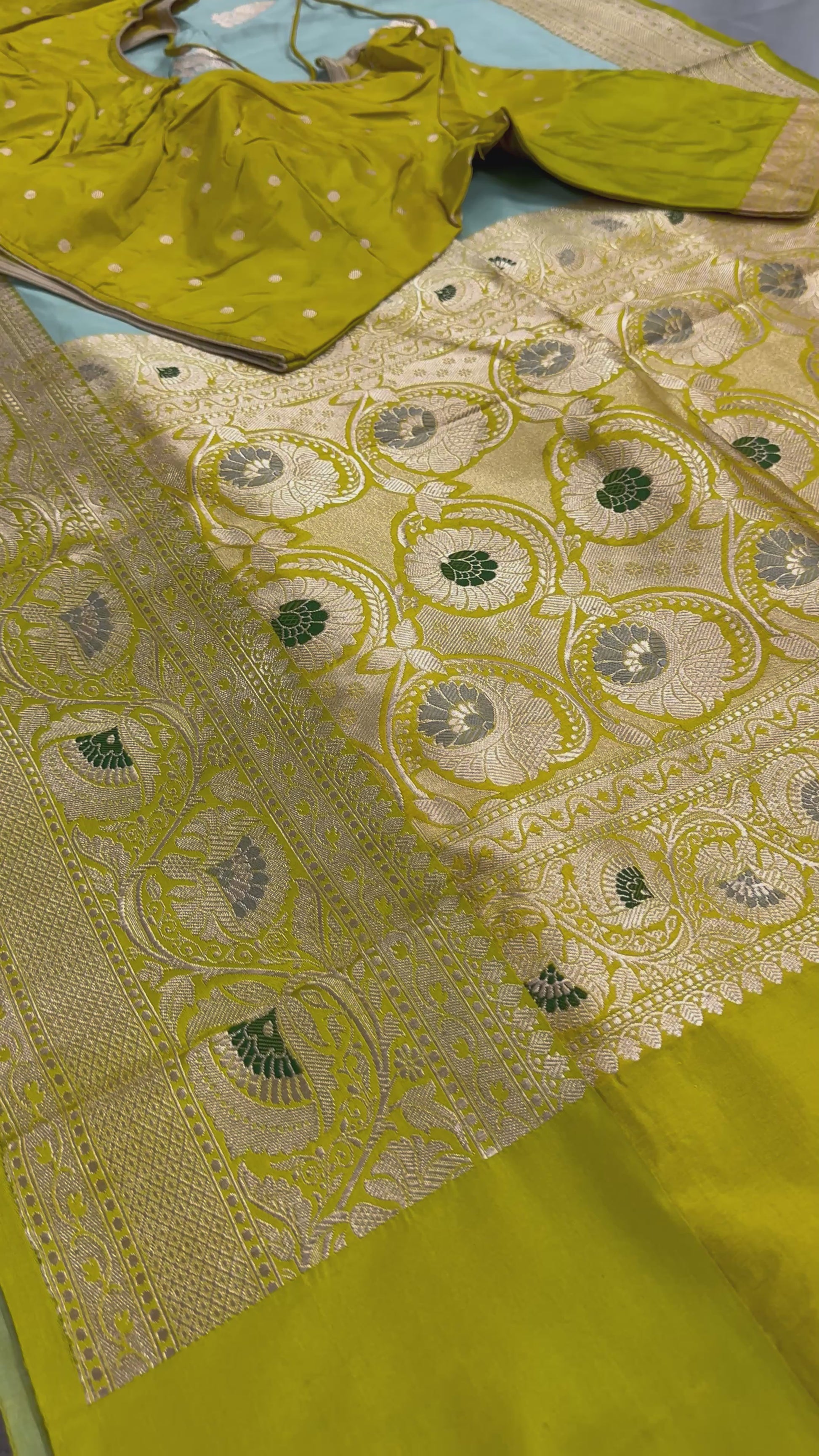 Video of Minakari Banarasi Silk Saree with 40 Size Stitched Blouse - Indian Wedding Silk.