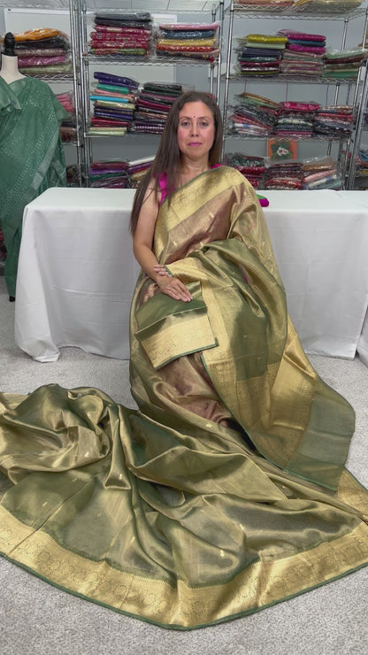 Silk Mark Certified Green Tissue Banarasi Saree with Golden Zari