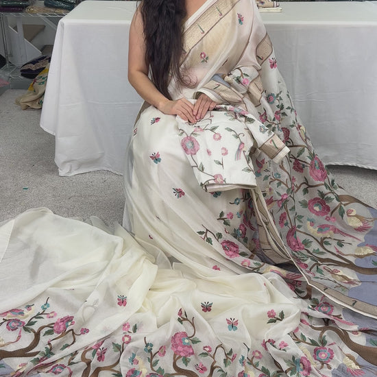 Video of Sandhya : Embroidered Organza Designer Saree with 38 Size Stitched Blouse