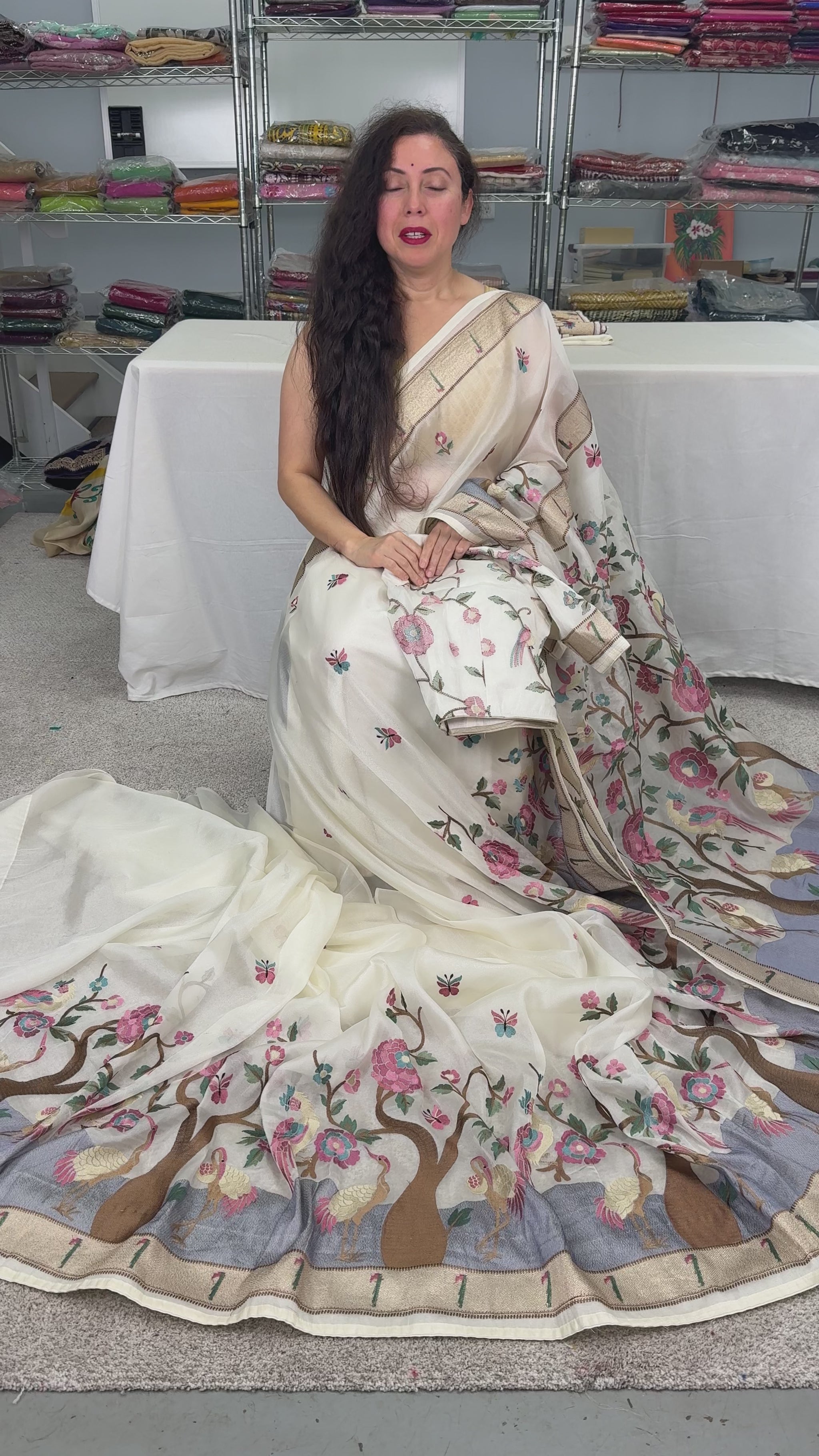 Video of Sandhya : Embroidered Organza Designer Saree with 38 Size Stitched Blouse