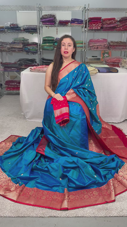 Silk Mark Certified Katan Banarasi Saree in Peacock Blue and Red