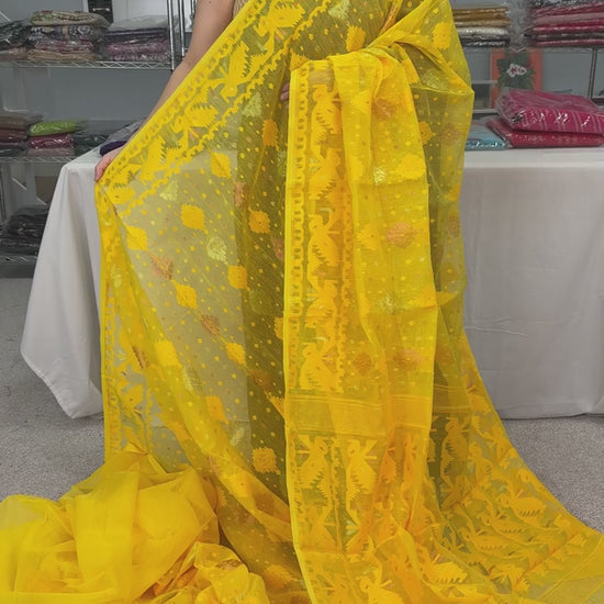 video of product Hriti Bright Yellow Blended Soft Cotton Jamdani Bengali Saree from Saree Mandi saree store.