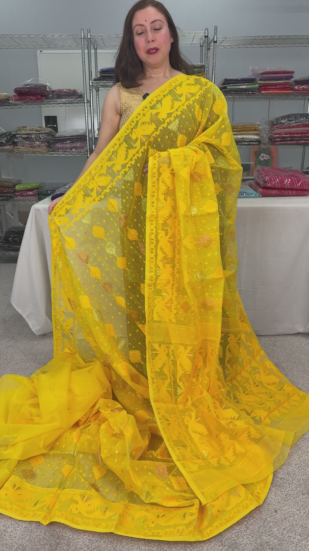 video of product Hriti Bright Yellow Blended Soft Cotton Jamdani Bengali Saree from Saree Mandi saree store.