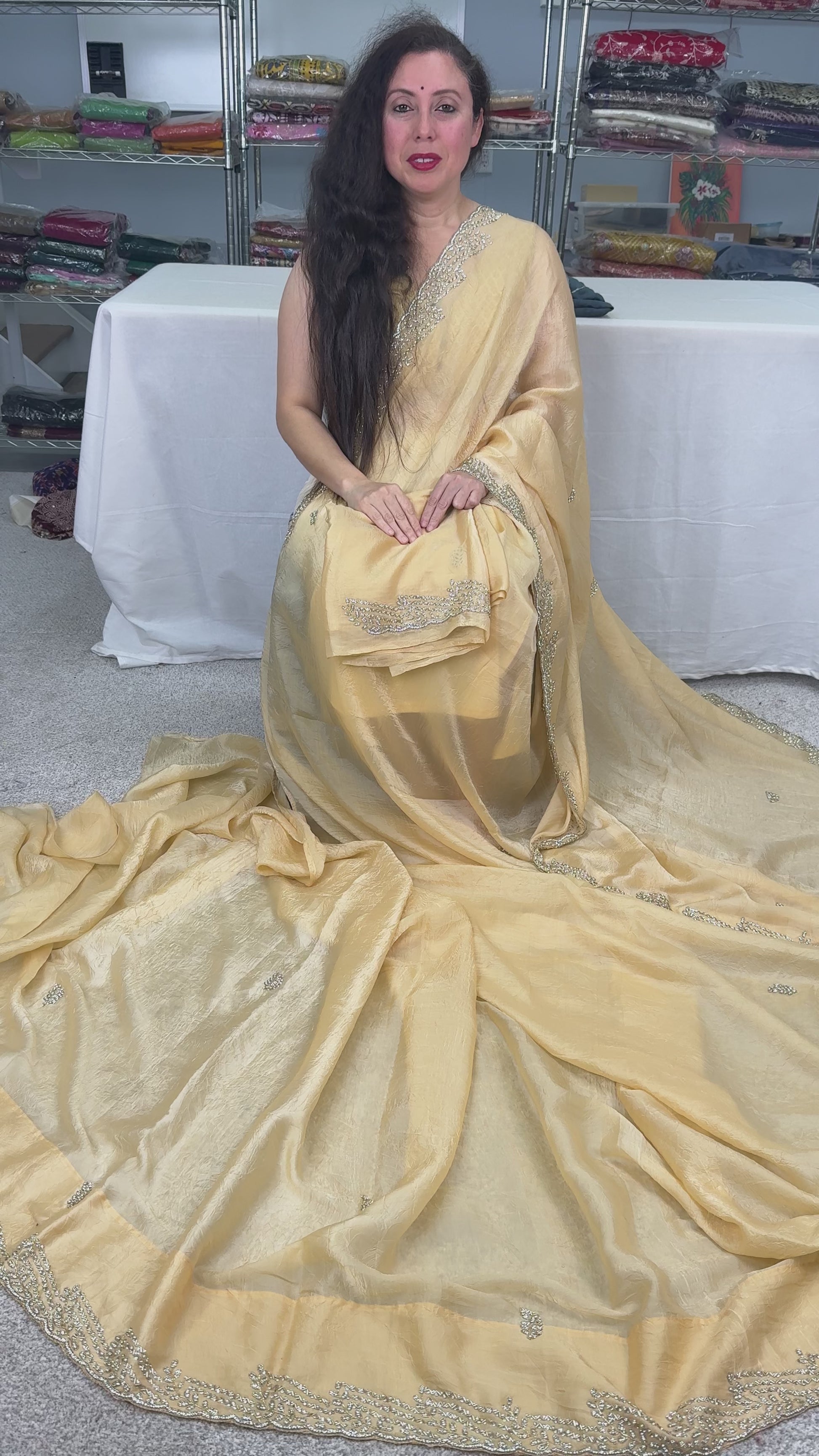 Video of Stone Embroidery Partywear Soft Crush Tissue Saree in Beige