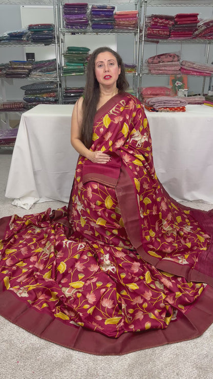 Printed Muga Tussar Silk Pichwai Saree in Red