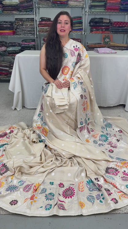 video of Beige Tussar Georgette Banarasi Saree with Paithani Minakari Border.