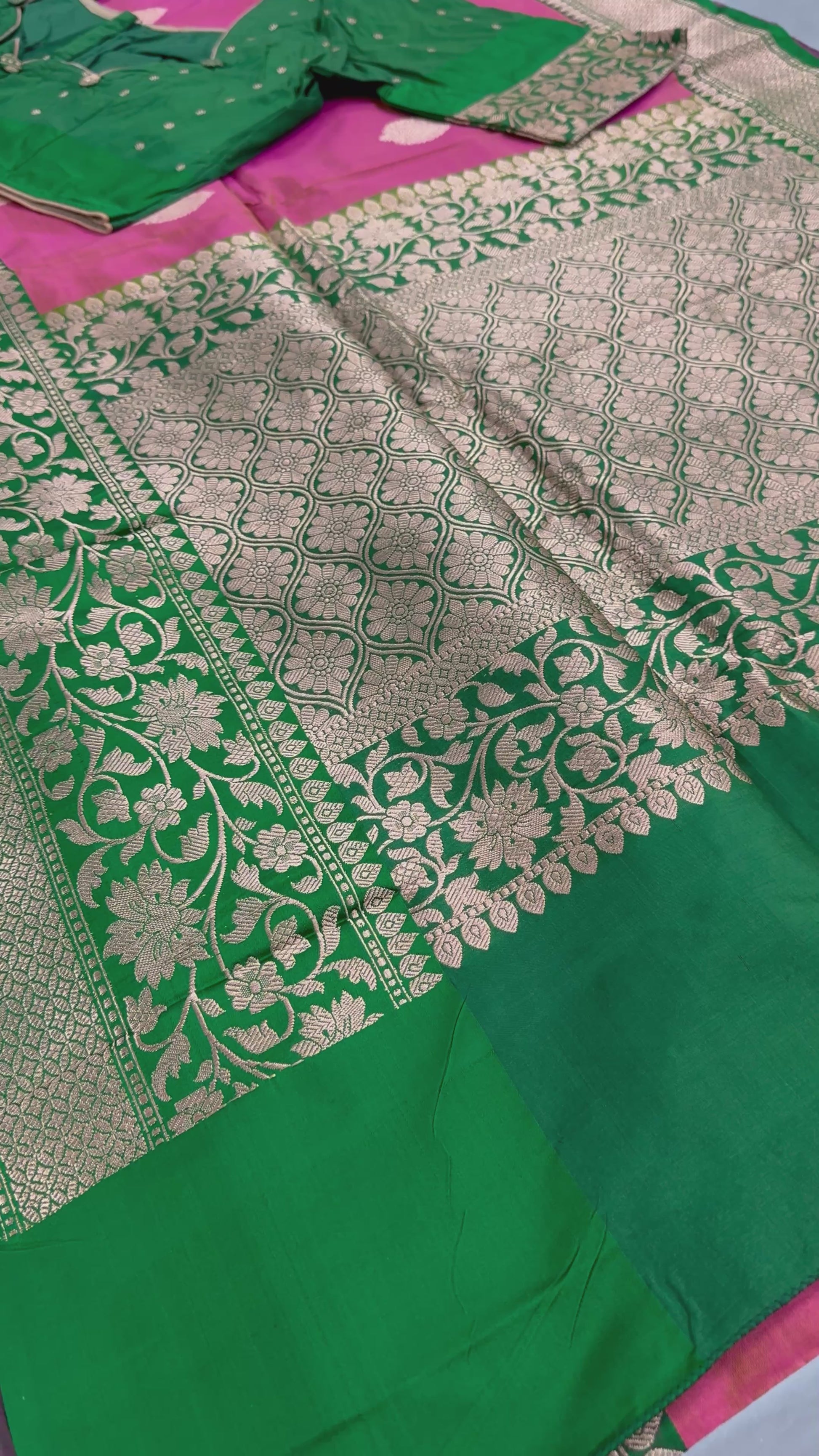 Video of Banarasi Katan Silk Saree with 40 Size Stitched Blouse - Indian Wedding Saree.