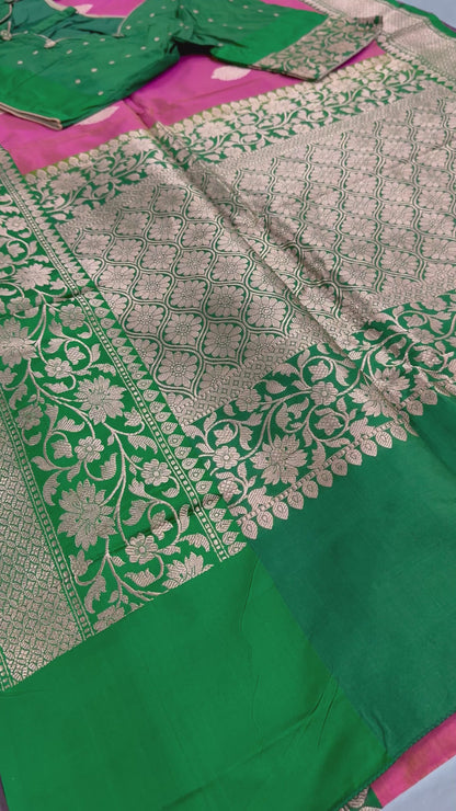 Video of Banarasi Katan Silk Saree with 40 Size Stitched Blouse - Indian Wedding Saree.