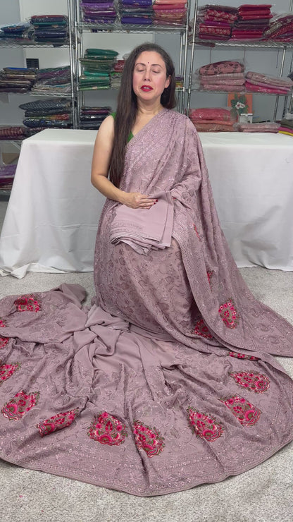 Partywear Kashmiri Embroidery Georgette Saree in Mauve