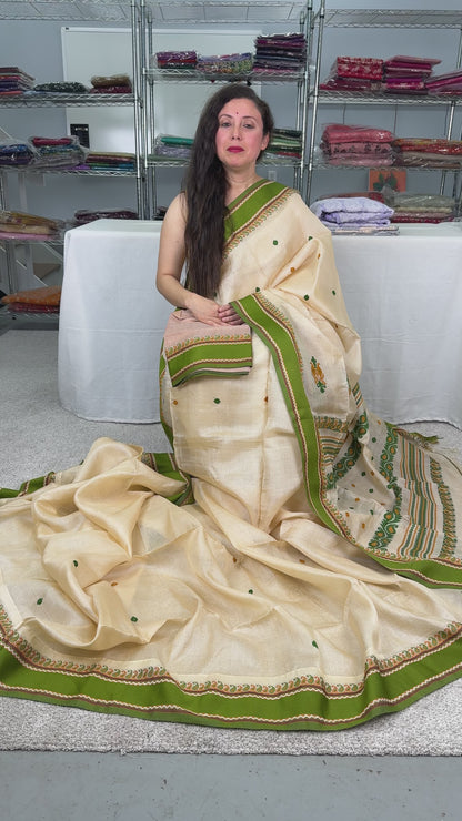 Video of Silk Mark Certified Premium Quality Bengal Tussar Saree in Beige and Green.