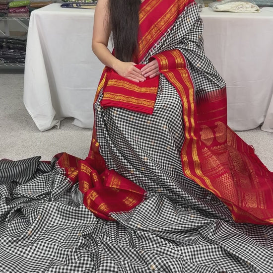Video of product Parvati Micro Checks Gadwal Silk Saree with Red Kanji Border from Saree Mandi saree store in USA.