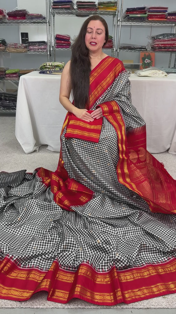 Video of product Parvati Micro Checks Gadwal Silk Saree with Red Kanji Border from Saree Mandi saree store in USA.