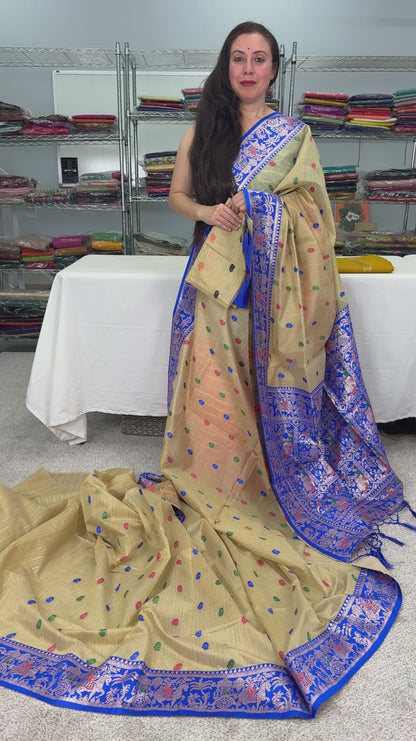 Aai: Royal Blue & Beige Blended Cotton Baluchari Saree | Mythological Motif Work