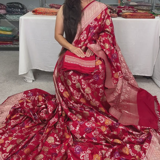 Video of Dark Red and Gold Minakari Jaal Katan Silk Bridal Banarasi Saree.