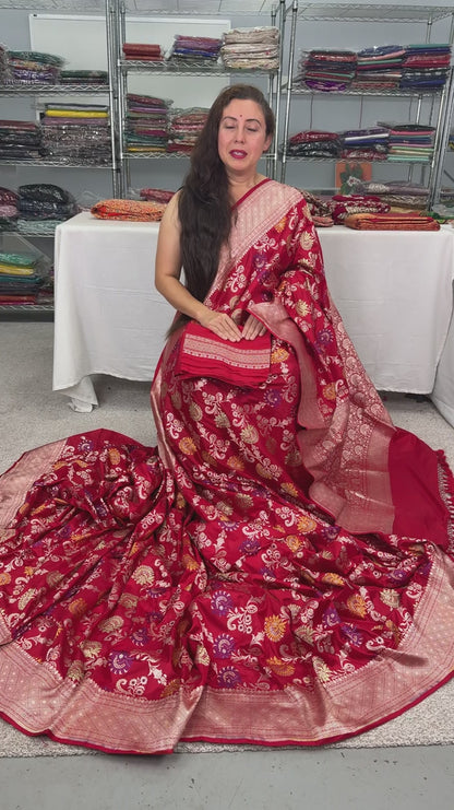 Video of Dark Red and Gold Minakari Jaal Katan Silk Bridal Banarasi Saree.