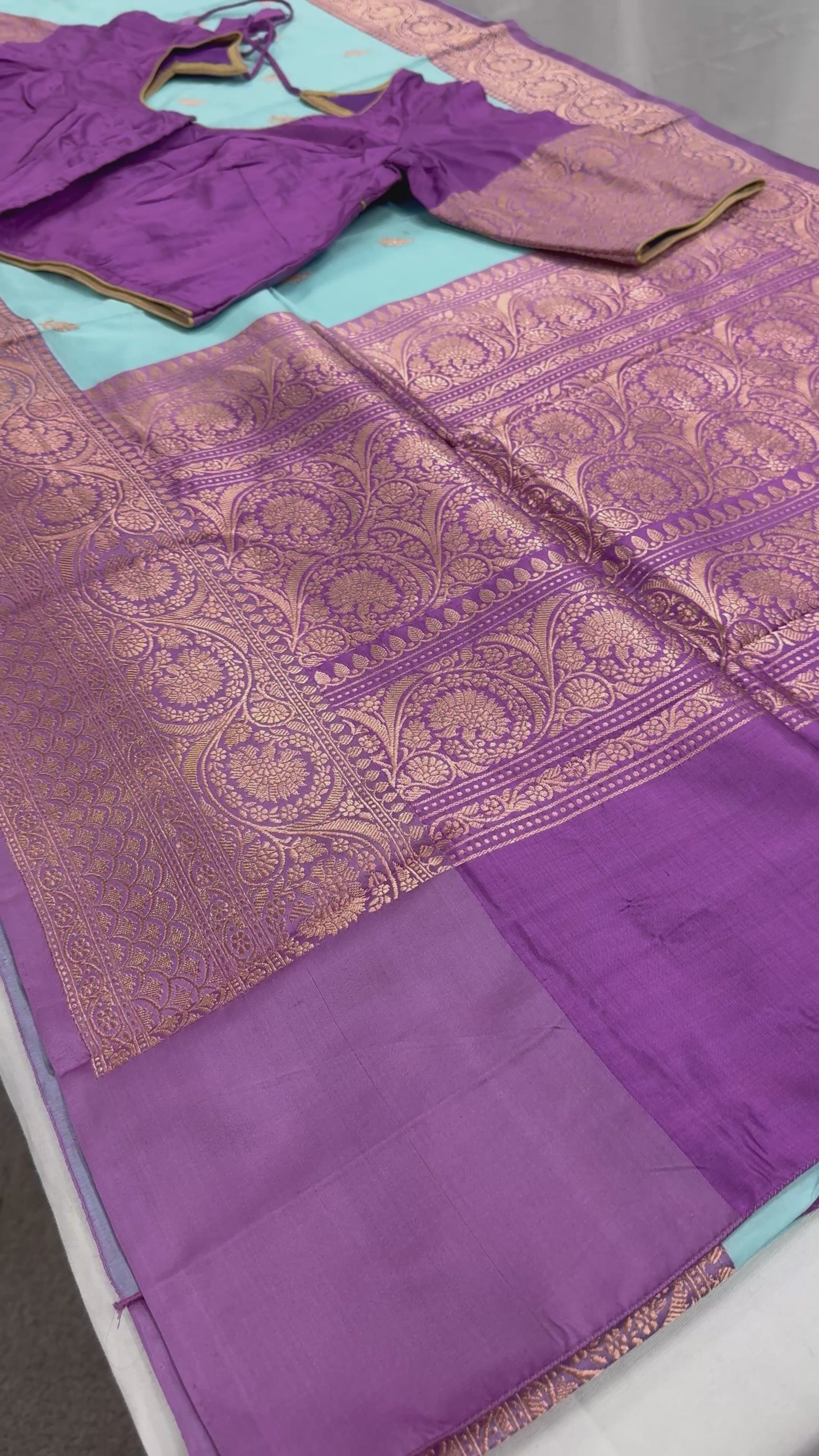 Video of Katan Silk Banarasi Saree with 42 Size Stitched Blouse - Pastel Collection.