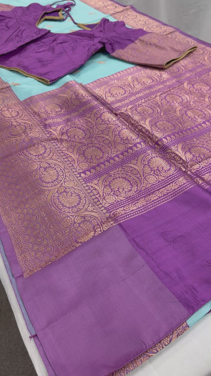 Video of Katan Silk Banarasi Saree with 42 Size Stitched Blouse - Pastel Collection.