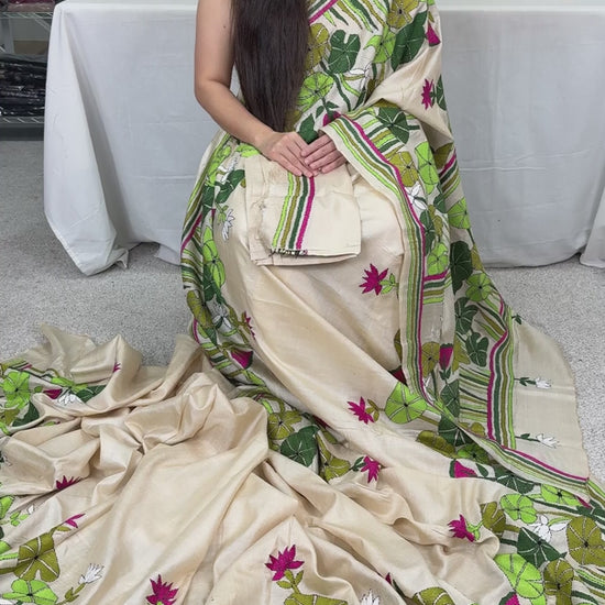Video of product Mitra_Hand Embroidery Kantha Stitch Pure Gachi Tussar Silk Saree from Saree Mandi Saree store