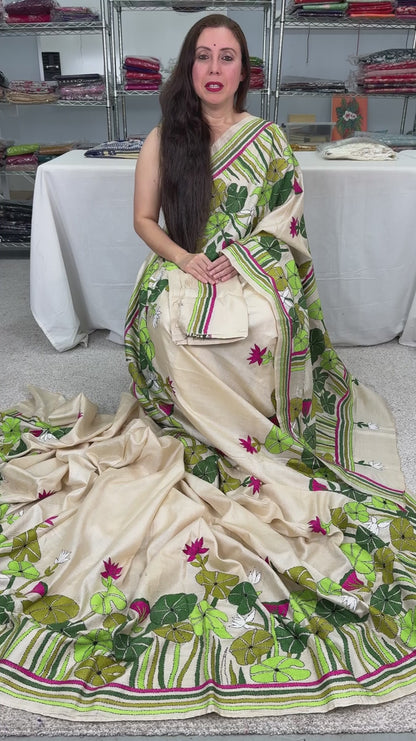 Video of product Mitra_Hand Embroidery Kantha Stitch Pure Gachi Tussar Silk Saree from Saree Mandi Saree store