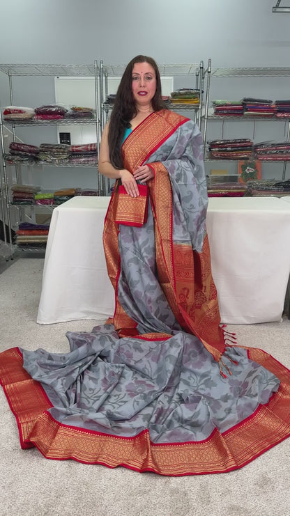 Semi Silk Pochampally Saree in Gray and Red