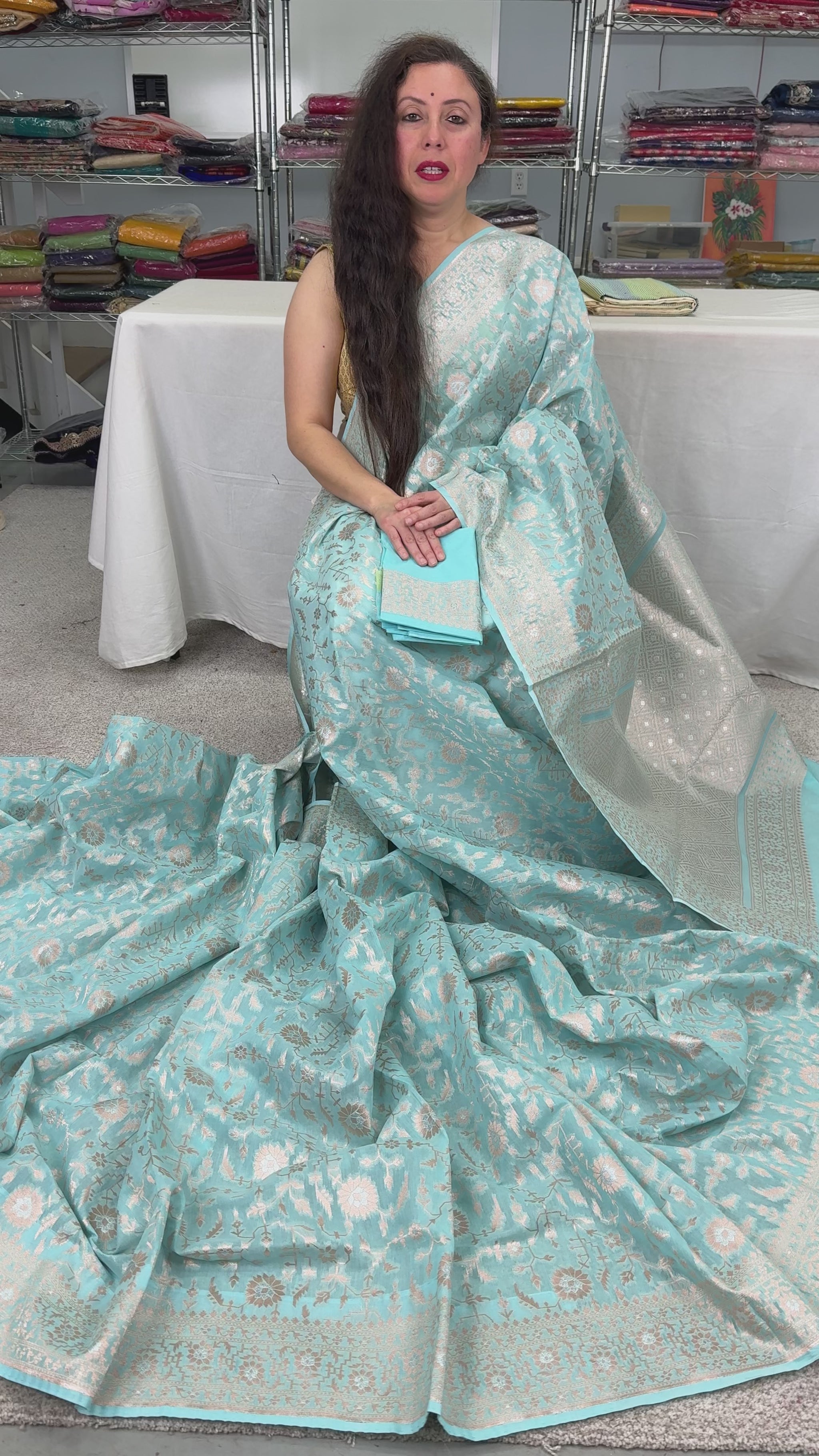 video of Sky Blue and Gold Jamdani Banarasi Saree | Bengali-Varanasi Fusion.