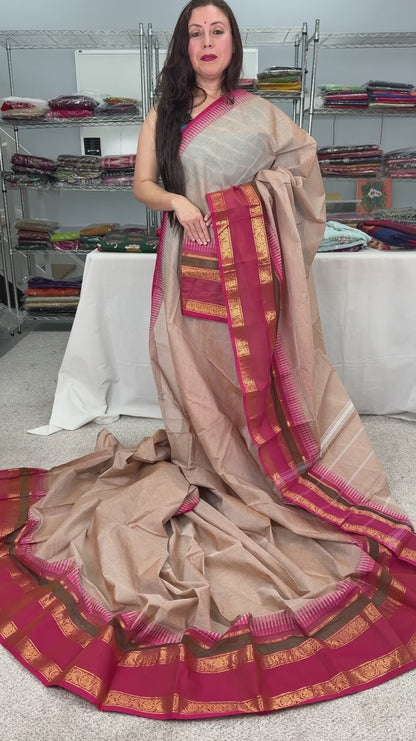Avvai : Light Brown Kanchi Cotton Saree - Handwoven South Indian Elegance