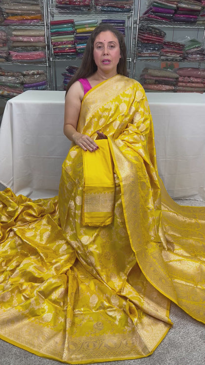 Silk Mark Certified Jangla Banarasi Saree in Bright Yellow