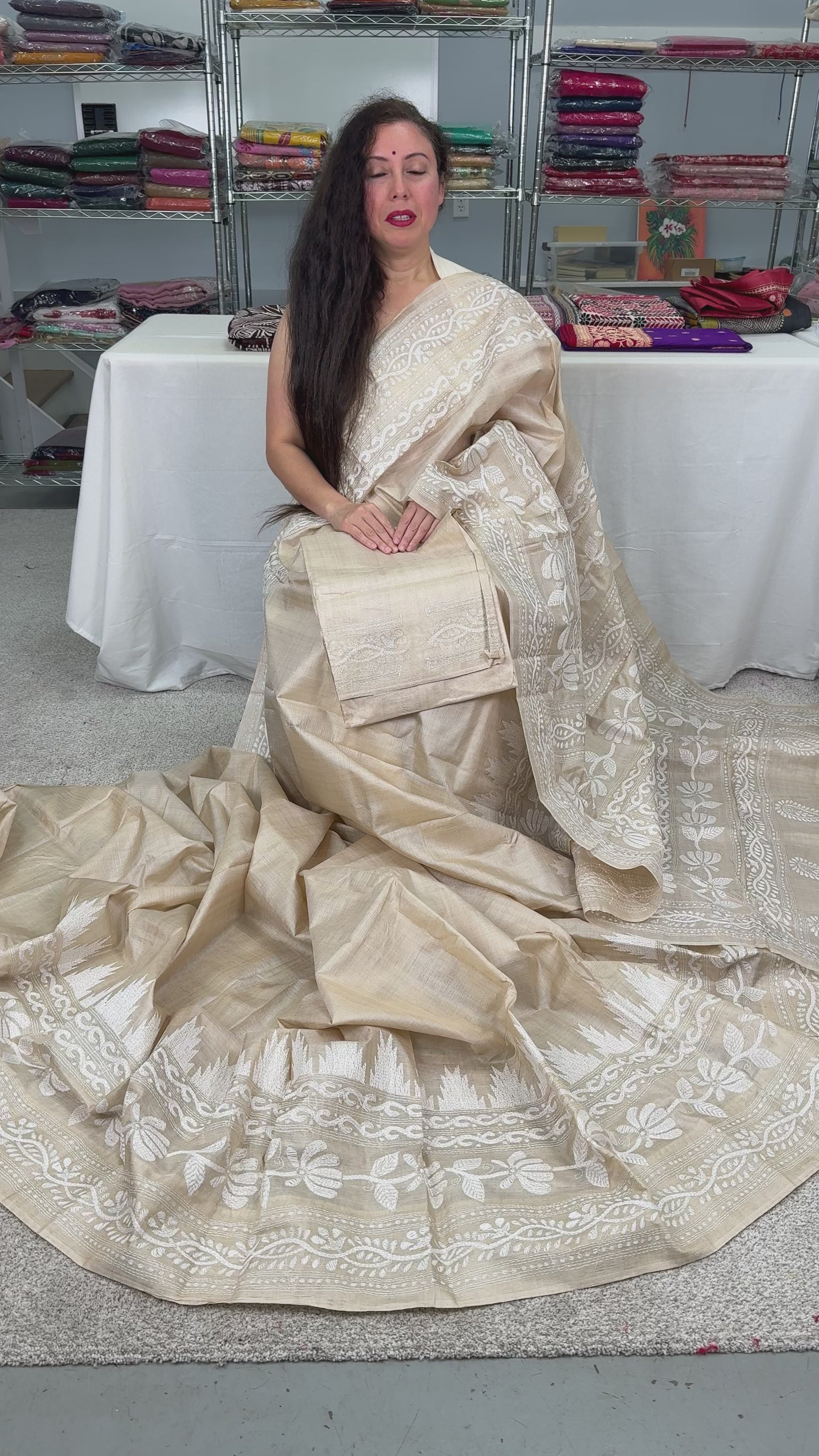 Video Of Dyuti : Silk Mark Certified Hand Embroidery Tussar Silk Saree in Beige and White
SKU: