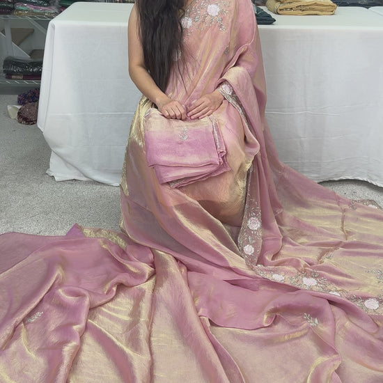 Video of Mahi : Hand Embroidery Soft Tissue Designer Saree in Frosted Pink