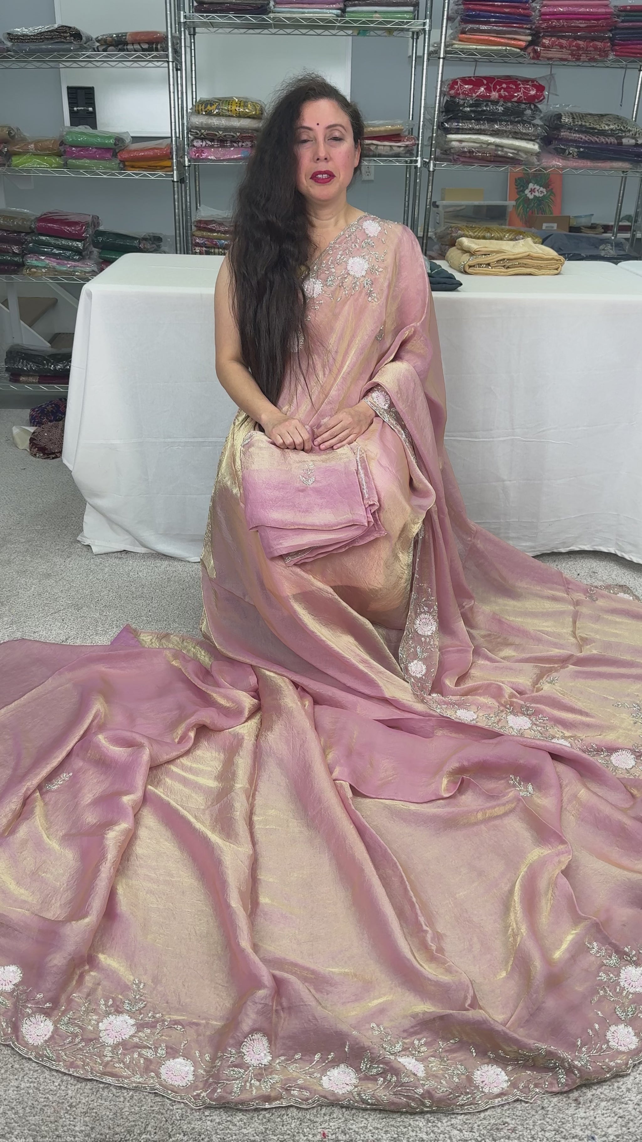 Video of Mahi : Hand Embroidery Soft Tissue Designer Saree in Frosted Pink