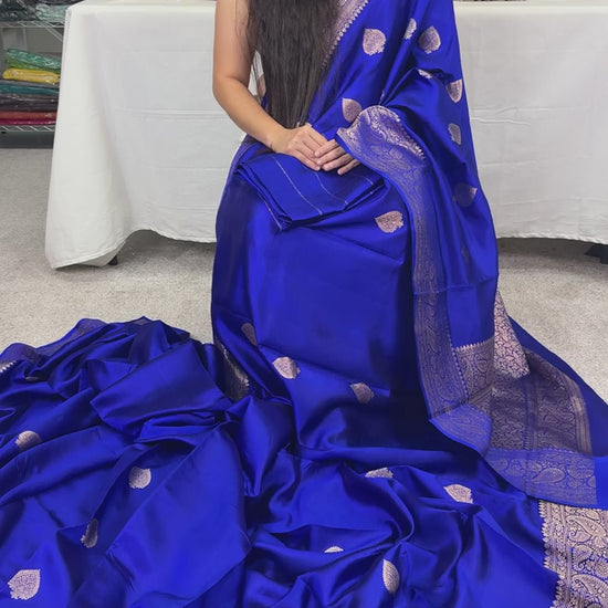 Video of Royal blue pure Banarasi satin silk saree.