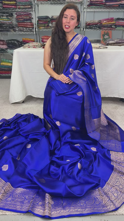 Video of Royal blue pure Banarasi satin silk saree.